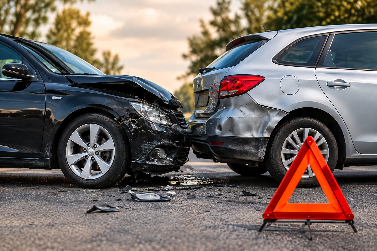 Two cars after a collision, with a roadside warning triangle