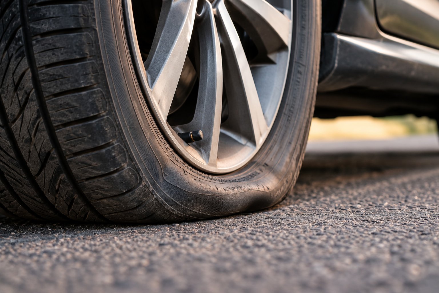 Close-up of a car's under-inflated tyre on the road