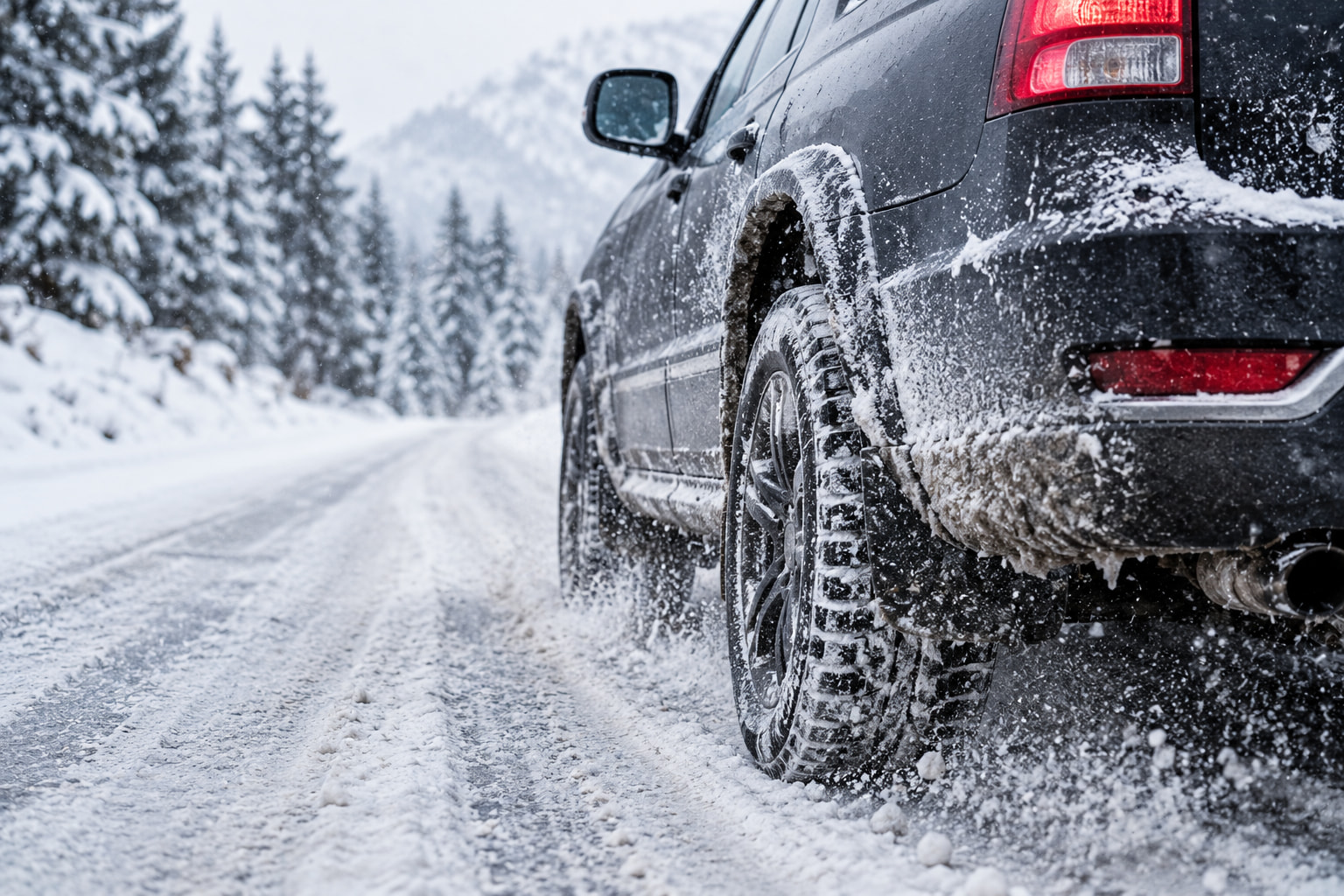 Car driving on a snow-covered road in winter
