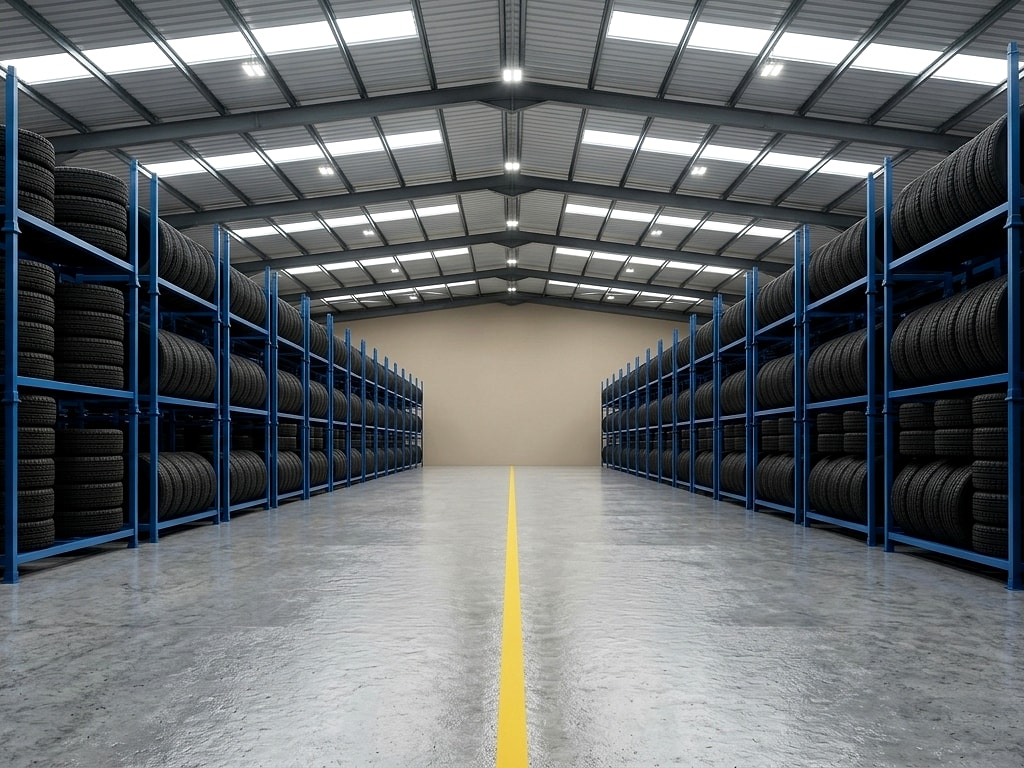 Rows of stacked tyres in the SSS Wheels & Tyres warehouse